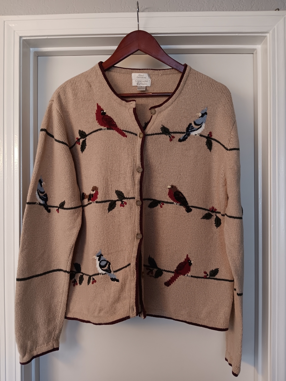 Christopher & Banks Beige Embroidered Cardigan with Multicolor Bird Motif